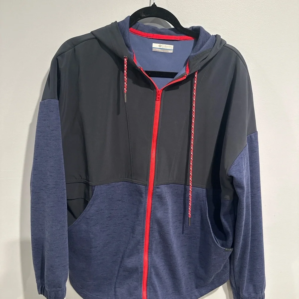 Columbia Men’s M Blue Gray Hooded Full Zip Jacket Outdoor Softshell Stretch
